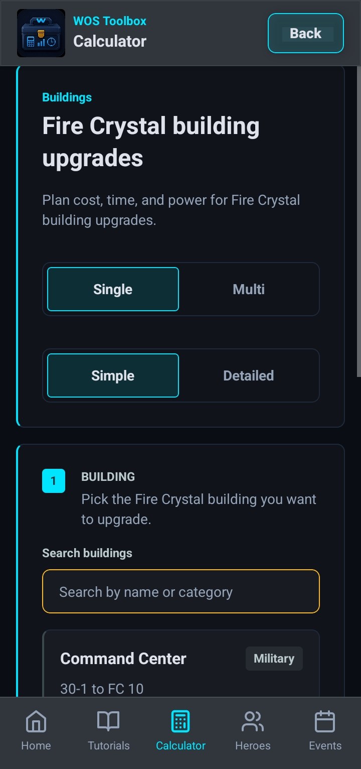 Fire Crystal building upgrade calculator setup screen.