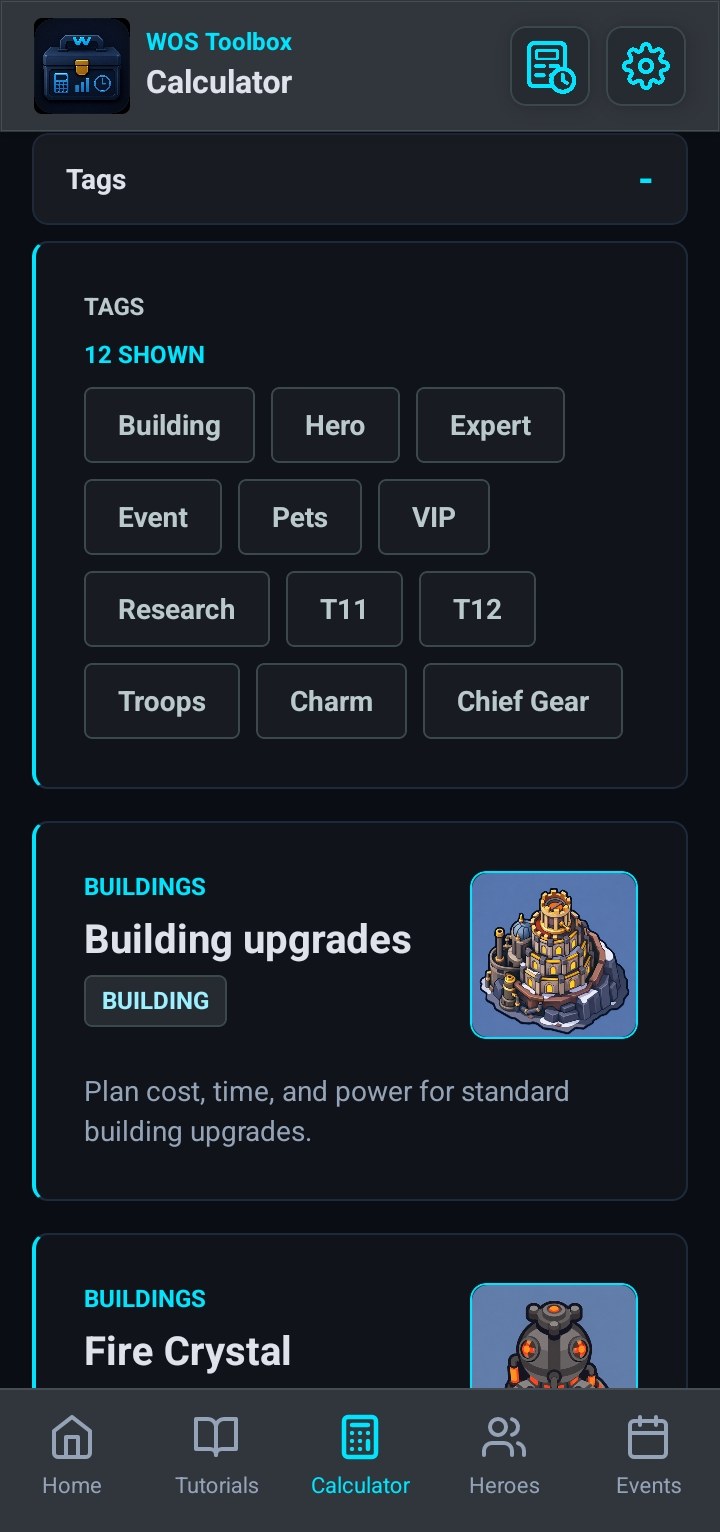 Calculator list screen with searchable tags and building calculators.