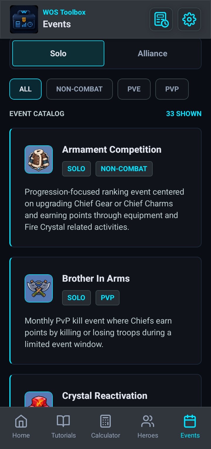 Events catalog screen with solo, alliance, PvE, and PvP filters.