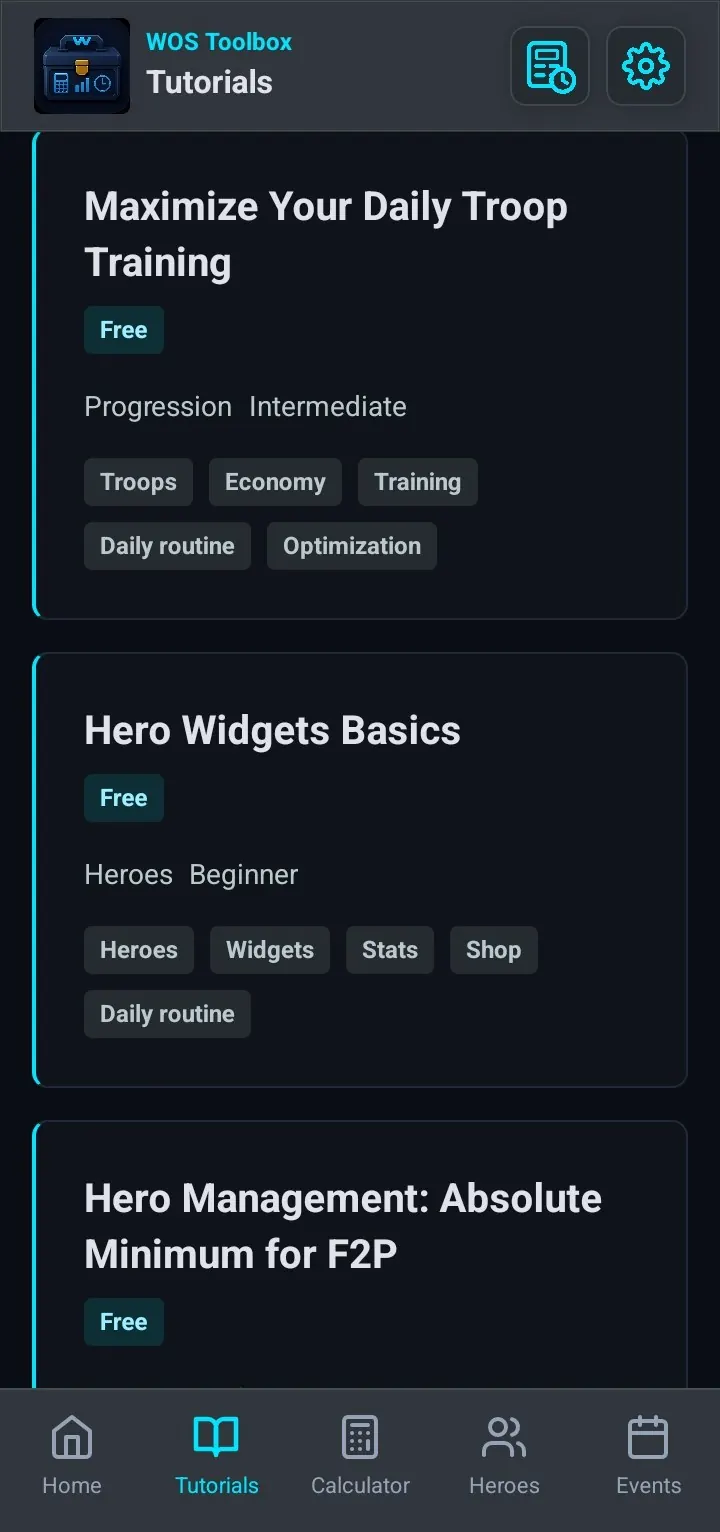 Schermata elenco guide WOS Toolbox.